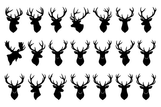 Silhouette collection of deer and elk heads with antlers in various designs.