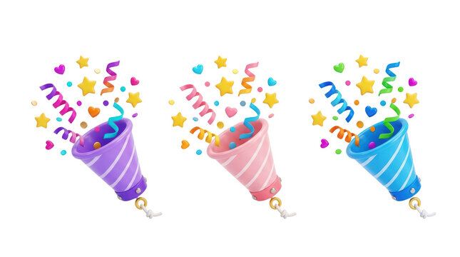 Colorful party popper confetti with streamers and stars in three colors isolated on transparent background