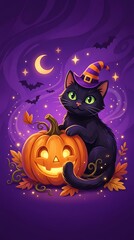 Fototapeta premium Illustration of a cute black cat in a witch hat hugging a jack-o-lantern with falling leaves on a magical purple background.