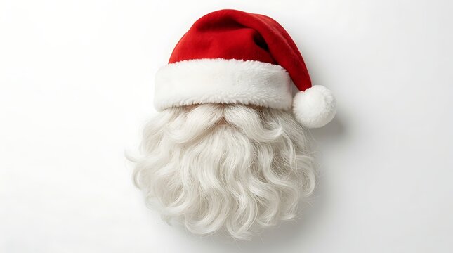 Santa Claus hat with white curly beard isolated on clean background