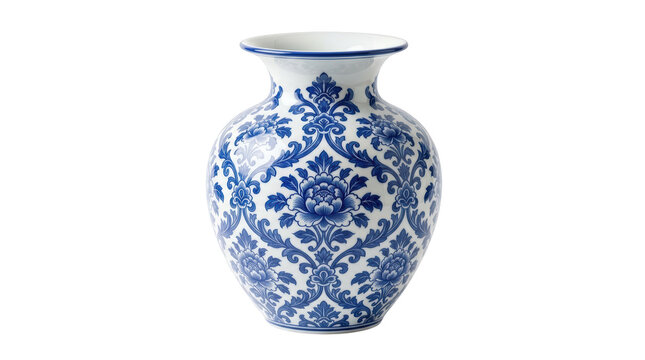 Elegant blue and white floral ceramic vase with intricate patterns isolated on transparent background