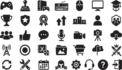 A set of black gaming, media, and technology featuring controllers, trophies, social media symbols, and user interface © SH STORE