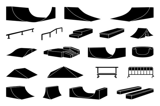 Skatepark elements icons: ramps, rails, boxes, pyramids, stairs.