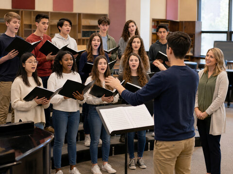 Diverse high school choir rehearsing with a student conductor and teacher in a bright music classroom