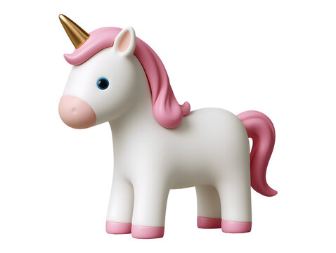 Cute 3d illustration of a white unicorn with pink mane isolated on transparent or white background, png