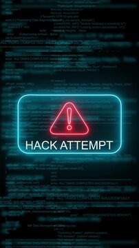 Cyber security hack attempt warning with glitch digital code background, network breach alert animation