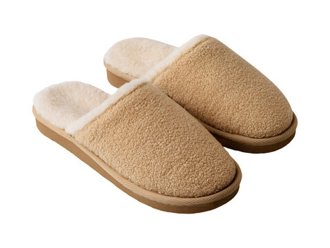 Pair of cozy beige fleece slippers isolated on transparent or white background, png