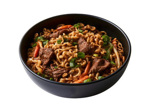 Asian beef noodles with vegetables in a black bowl isolated on transparent or white background, png