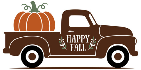 Vintage style brown pickup truck carrying pumpkins with fall foliage and happy fall lettering on a white background © MSTSHILPI