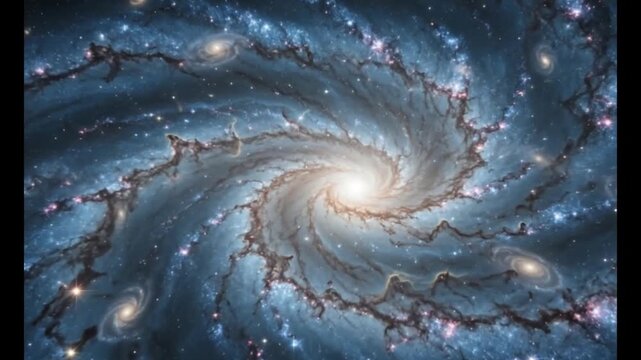 Spiral galaxy deep space animation, cosmic nebula with glowing stars and stardust, majestic blue galactic vortex with bright core and cosmic dust