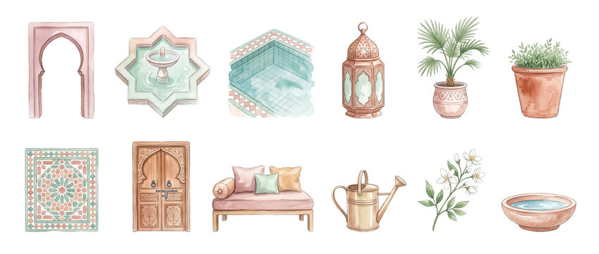 Moroccan Riad Watercolor Clipart Set with traditional Arabic architecture elements, star fountain, mosaic zellige tiles, lantern, wooden door, daybed, plants, decor icon set for creative projects.