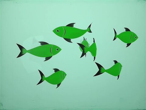 Minimalist green fish animation, stylized school of fish swimming in turquoise water, simple 2D flat vector motion graphics of aquatic life
