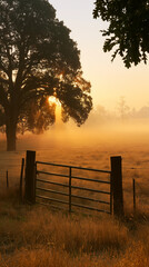 Obraz premium Foggy Farm Landscape at Sunrise