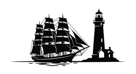 Sailing ship and lighthouse silhouette against a white background © MBHM Studio