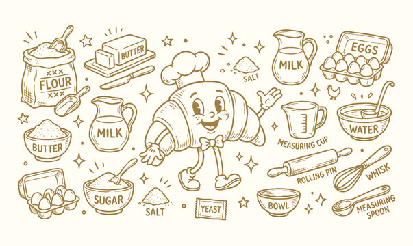 Retro croissant bakery cartoon mascot chef characters set with baking ingredients doodles