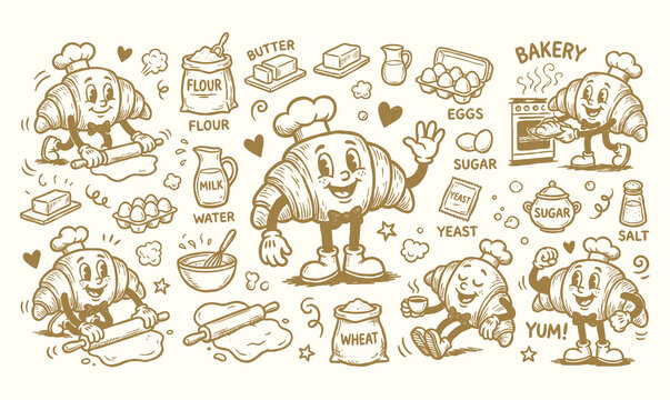 Retro croissant bakery cartoon mascot chef characters set with baking ingredients doodles