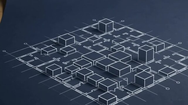 Abstract architectural building floor plan drawing itself on a dark navy blueprint background