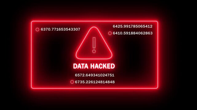 Cyber security alert warning interface featuring a glowing red neon data hacked notification with rapidly changing numerical code sequences for digital threat detection and network breach