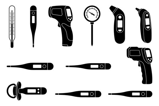 Variety of thermometers: digital, infrared, and analog temperature measurement devices.