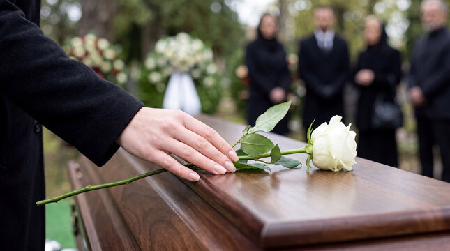Person places white rose on wooden casket during outdoor funeral service with mourners in the background dressed in black attire