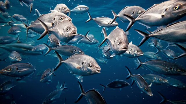 School of silver trevally fish swimming closely in blue ocean