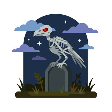 Skeletal bird skeleton perched on cemetery tombstone.