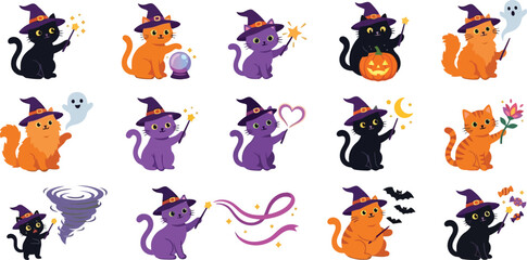 Obraz premium Set of cute cartoon witch cats casting spells with wands, featuring magic effects, pumpkins, and ghosts on a white background set
