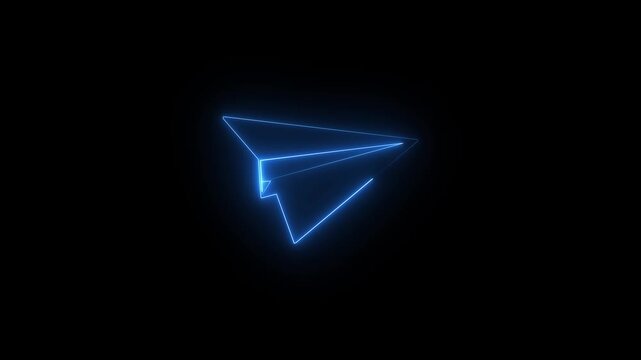 Glowing blue neon paper airplane icon on dark background