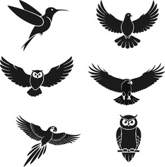 Naklejka premium Bird Silhouette Collection Set of Flying Hummingbird Eagle Owl Dove and Parrot Vector Icons
