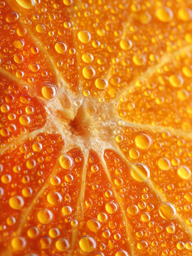 Macro closeup of fresh orange slice with water droplets, vibrant citrus texture and juicy pulp detail, bright natural fruit background.
