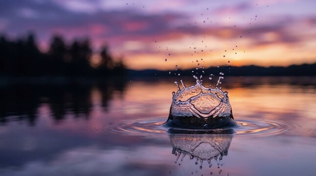 Water Droplet Crown Splash Frozen Macro Lake Surface Reflected Purple Dusk Sky Silhouette Treeline Wide Landscape