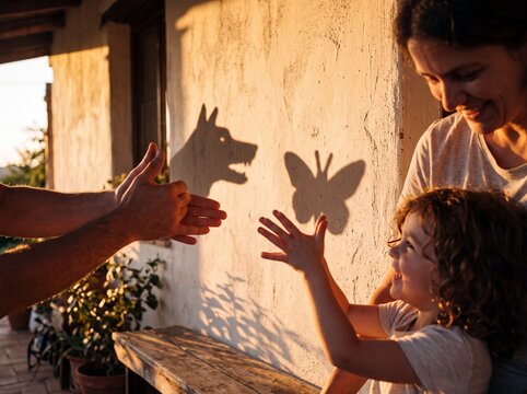 Happy family making shadow puppets on wall with family creating togetherness imagination interaction silhouette happiness hand
