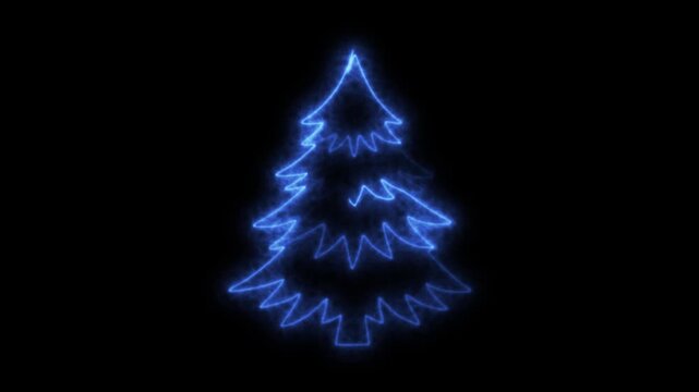 Glowing blue neon christmas tree silhouette on black