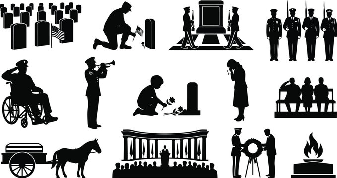 Collection of black silhouettes depicting military funerals, memorial services, soldiers, and mourning scenes with flags