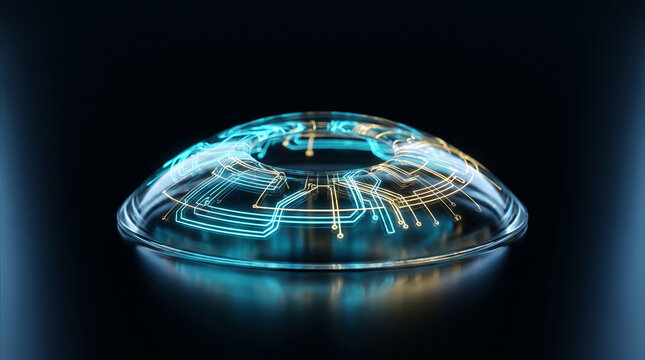 Advanced bionic eye implant contact lens with embedded glowing cyan and gold circuits