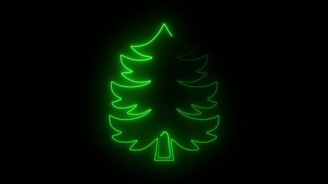Glowing green neon pine tree outline on black background
