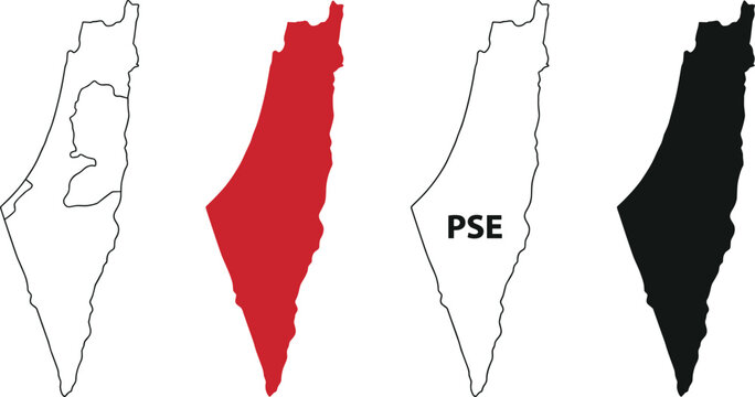 Set of four maps of palestine, including outline, red, labeled pse, and black silhouette