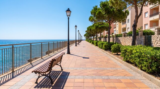 Empty seaside promenade with wooden bench. Sunny coastal walkway by the Mediterranean sea.