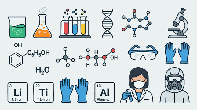 Science and Chemistry Laboratory Icons Set: Equipment, Formulas, and Safety