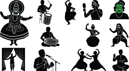 Naklejka premium Collection of kathakali indian classical dance silhouettes featuring performers, traditional musicians, drums, and cultural stage