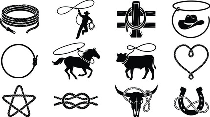 Collection of lasso and rope featuring various knots, shapes, and cowboy themed like horses, bulls, and skulls © Shahriar