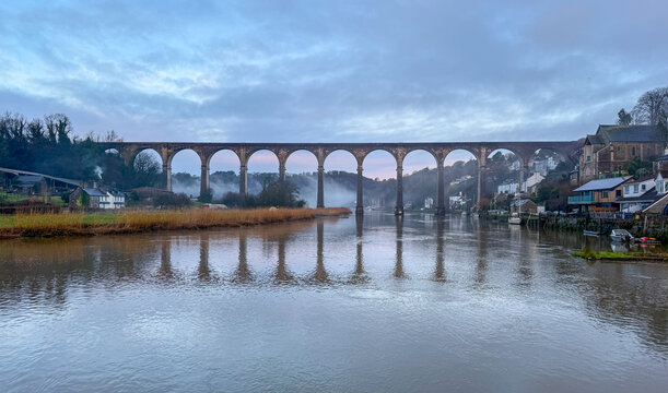Calstock, Cornwall, England, UK &ndash; July 1, 2026: The historic Calstock Viaduct spanning the River Tamar in Cornwall on a summer morning overcast day