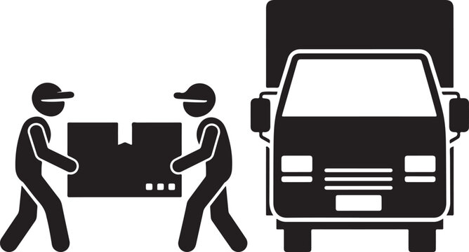 Two people carrying a box next to a delivery truck simple vector illustration for logistics and moving services isolated on white background
