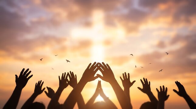 Silhouetted hands raised in worship. People praising God with a glowing cross at sunset.