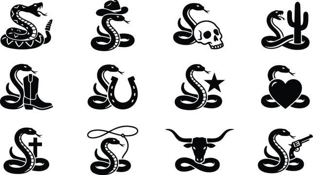 Collection of twelve black and white featuring rattlesnakes combined with western symbols like skulls, boots, and cacti