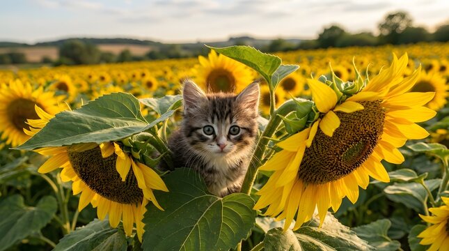 A cute tabby kitten sits nestled among vibrant yellow sunflowers in a sunlit field during daytime.