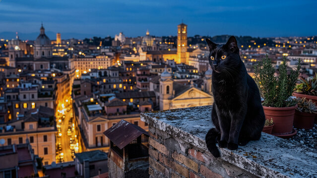 black cat over European city at dusk