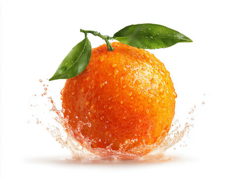 Fresh juicy orange with green leaves covered in water droplets and a dynamic splash, isolated on a white background. Vibrant citrus fruit concept with copy space for healthy food design.