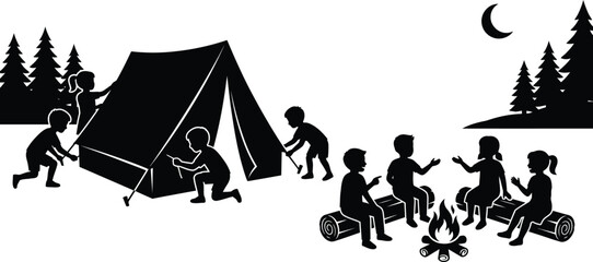 Obraz premium Kids Camping in Forest Black White Silhouette Vector Illustration