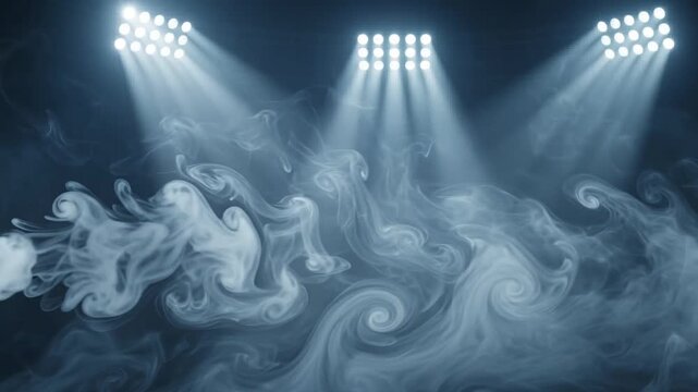Cinematic long shot of three stadium spotlight clusters beaming through thick swirling fog